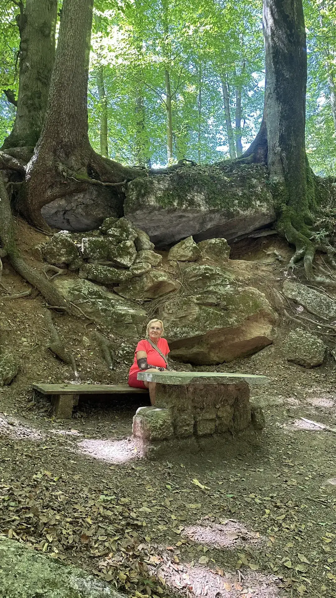 Brigitta sitzt am Fürstin-Anna-Sitz, einem steinernen Tisch mit Holzbank unter mächtigen Buchen im Aigner Park in Salzburg-Aigen