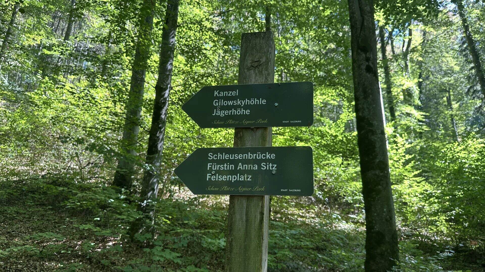 Dunkelgrüne Wegweiser „Schau Plätze Aigner Park“ zu Kanzel, Gilowskyhöhle, Jägerhöhe, Schleusenbrücke, Fürstin Anna Sitz und Felsenplatz