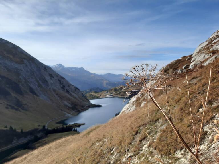 Herbstlicher Ausblick auf den Spullersee während des Aufstieges